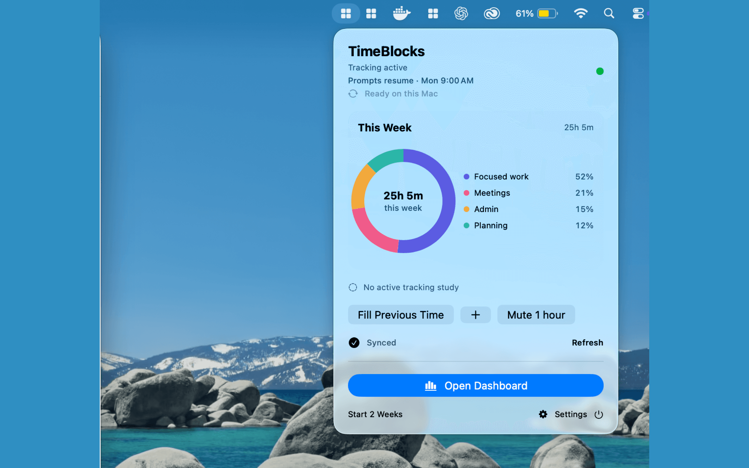 TimeBlocks Mac menu-bar view