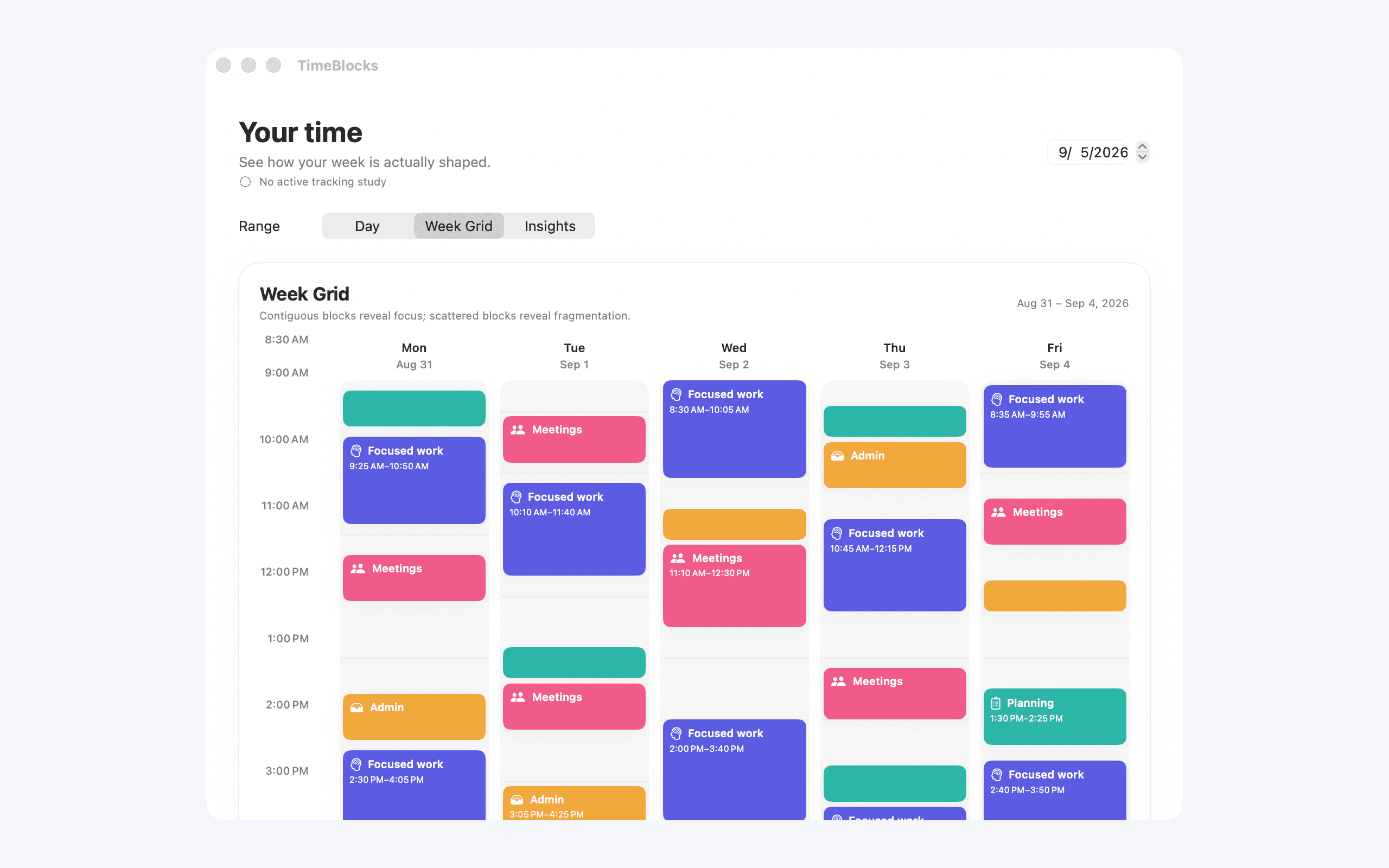 Example TimeBlocks Mac week view showing time grouped by category